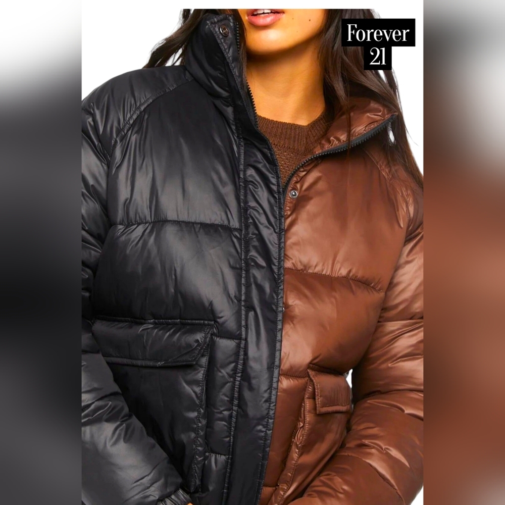 NWT Forever 21 Color Block Puffer Jacket Sz S Black/Brown Women Funnel Neck - Picture 3 of 17